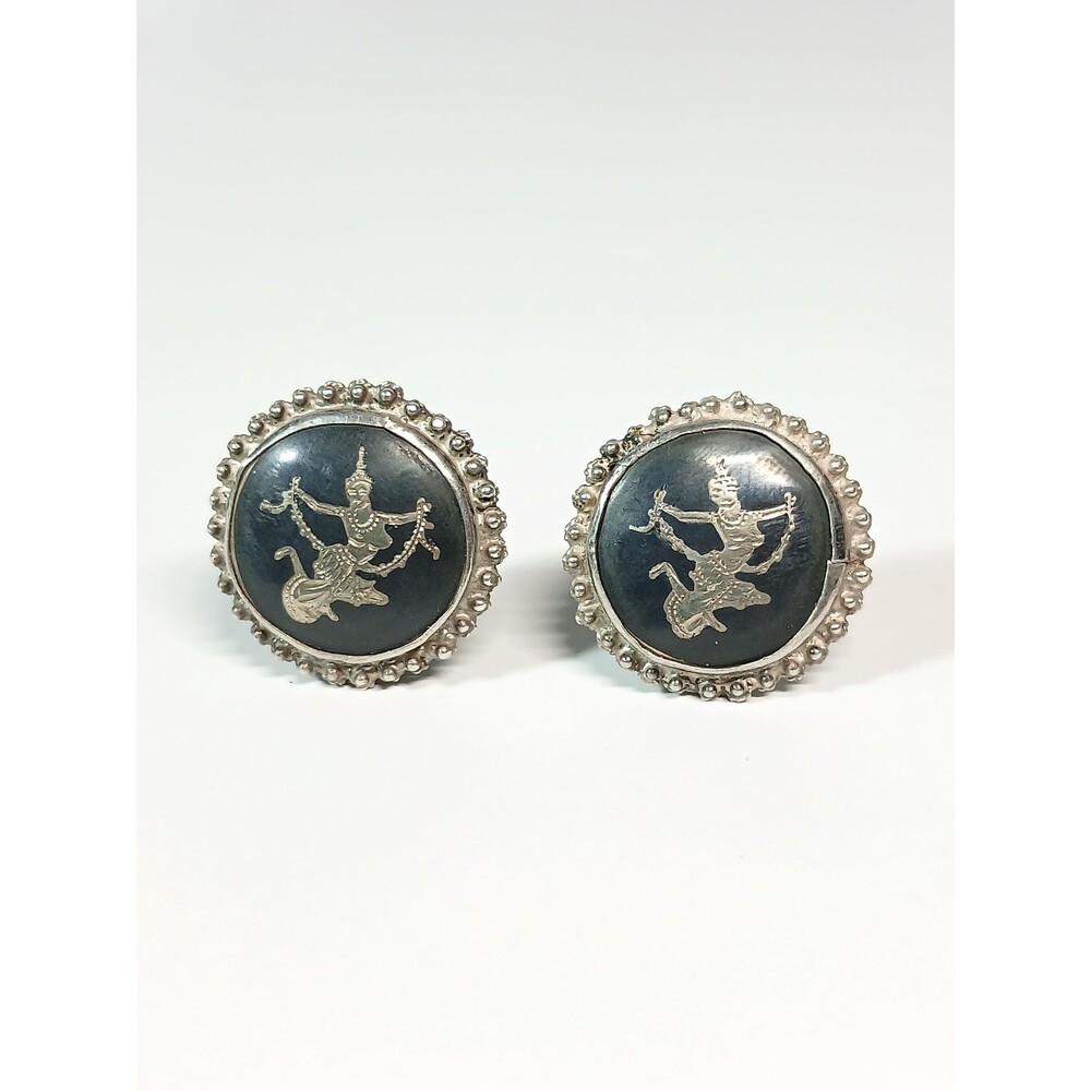 Vintage Siam Sterling Silver Nielloware Dancing Goddess Clip-On Earrings